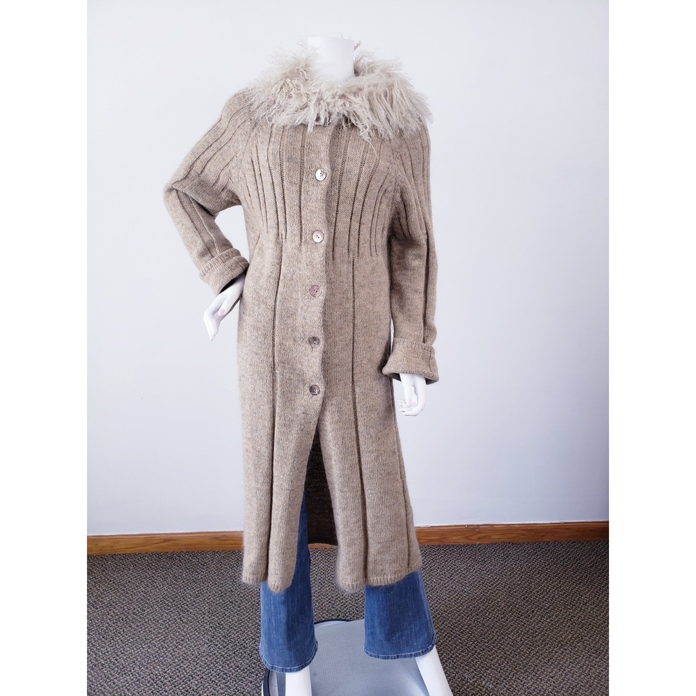 Leyla Mitra Long Knit Sweater Cardigan Coat Tan Lambswool Mohair Size Medium